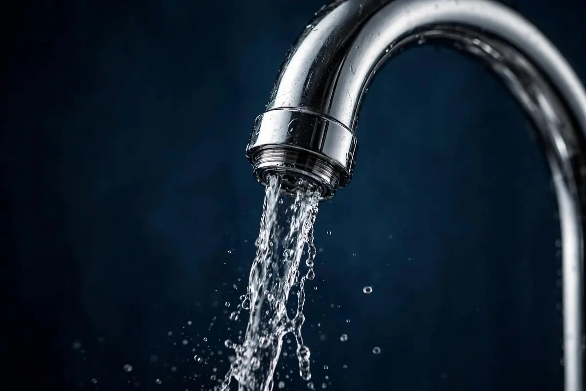 Clean water running from a chrome faucet